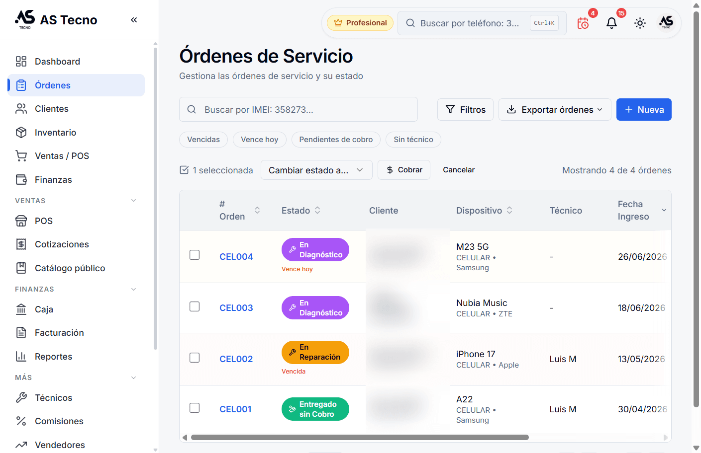 Listado de órdenes de reparación en STApp con estados y clientes